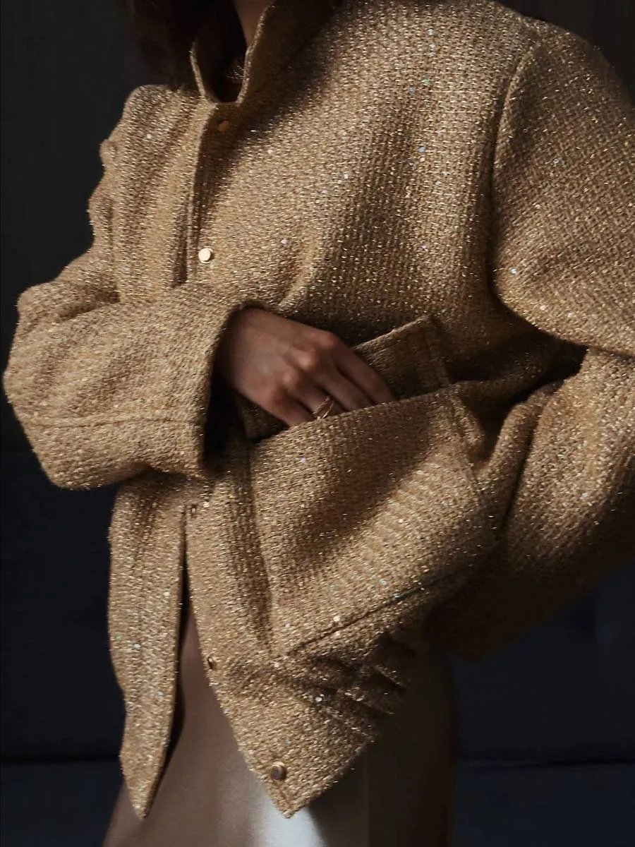 Gold Sequin Stand Collar Loose Jacket