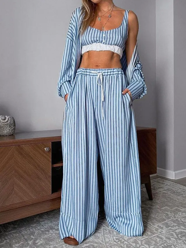 Striped Printed Vest Cardigan Pants Pajamas Three-piece Set
