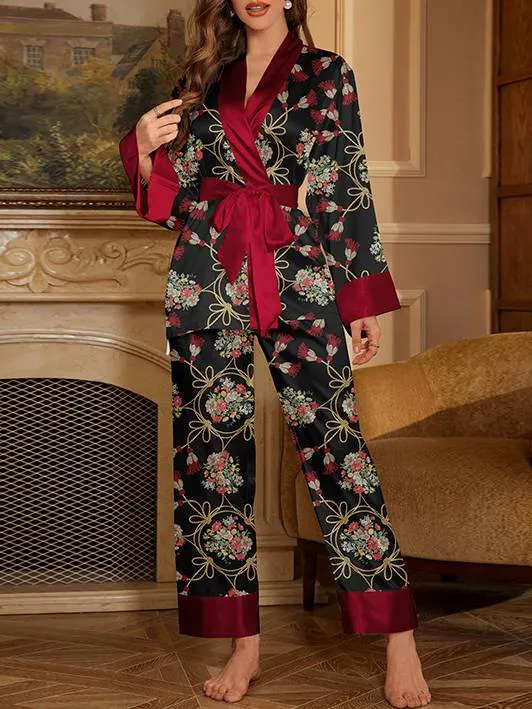Printed Satin Long-Sleeve Pants Two-Piece Home Wear