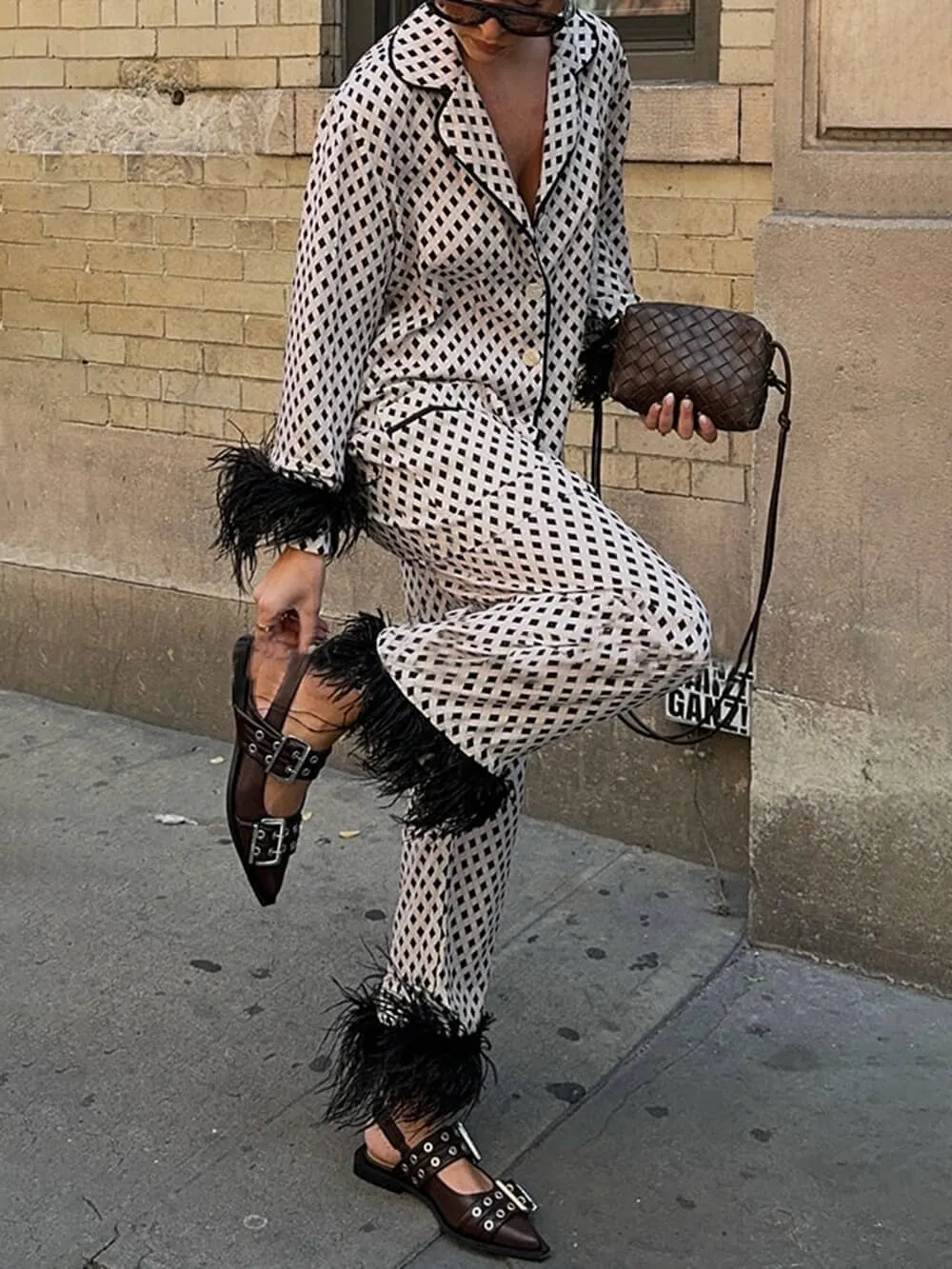 Unique Geometric Printed Feather Trim Blazer