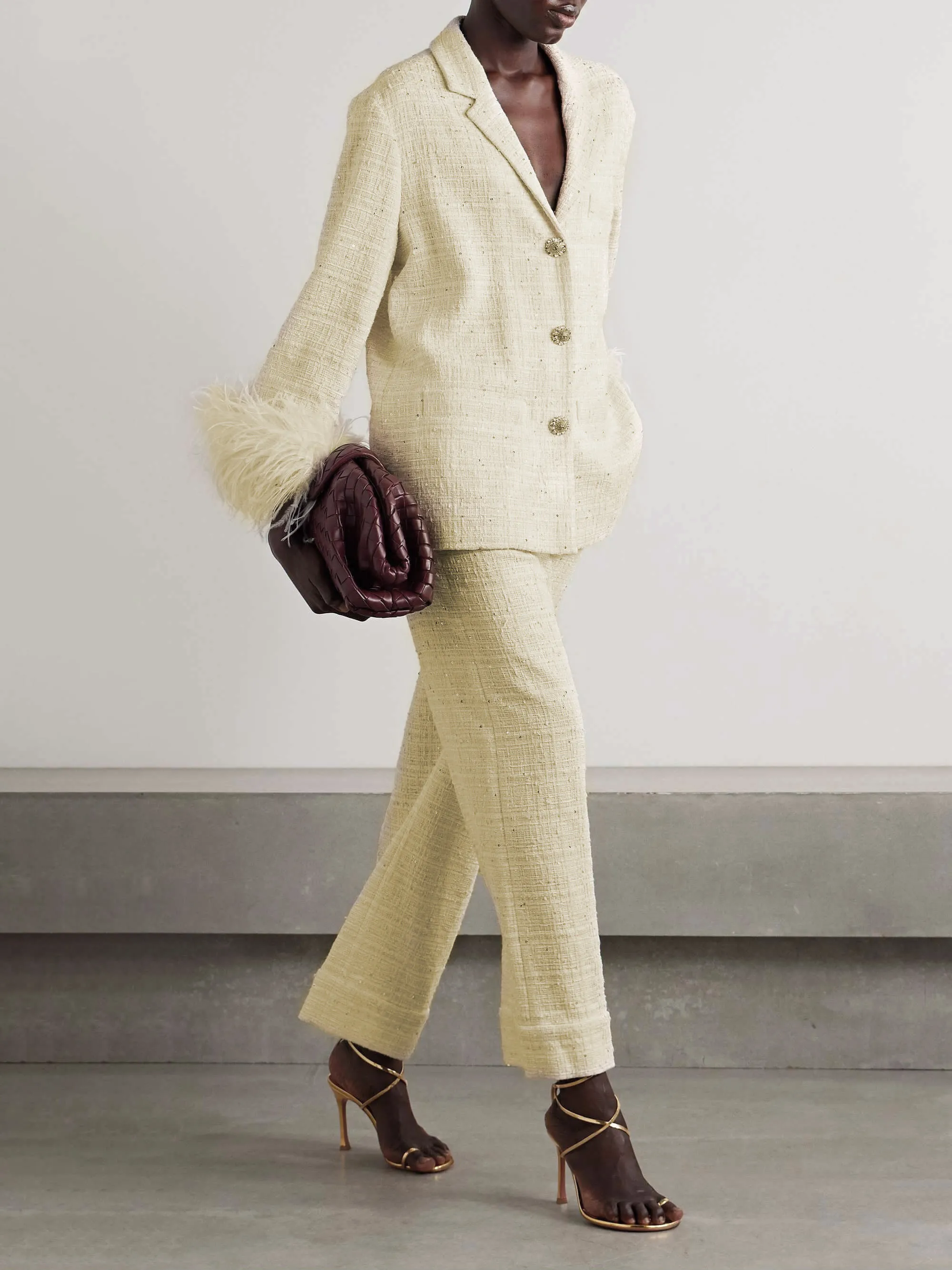 Elegant Feather-trimmed Embellished Tweed Blazer