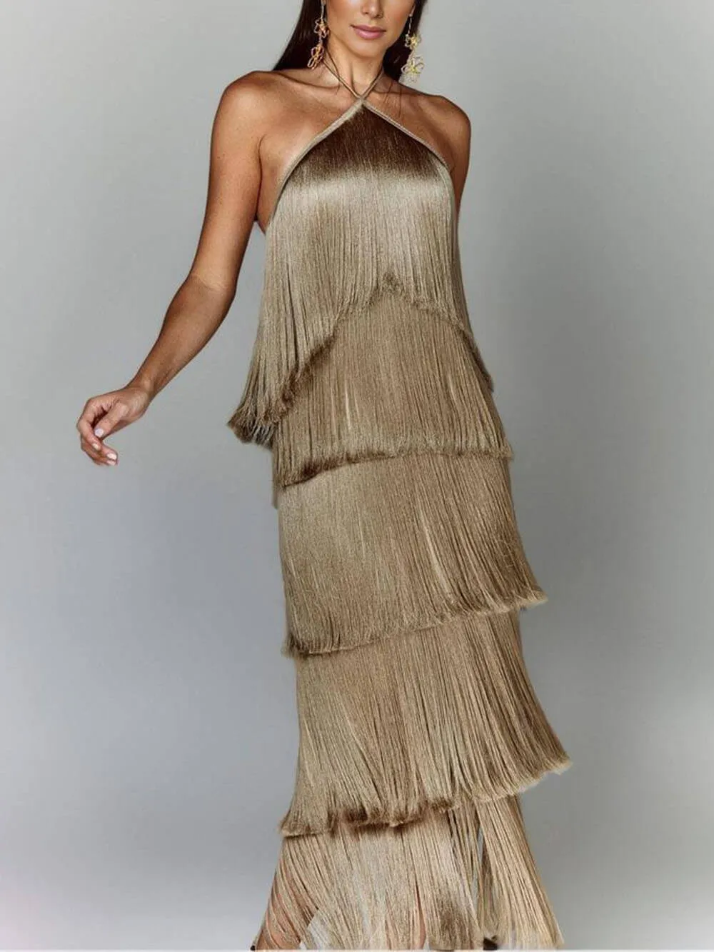 Fashionable Halter Neck Tassel Backless Slit Party Dress