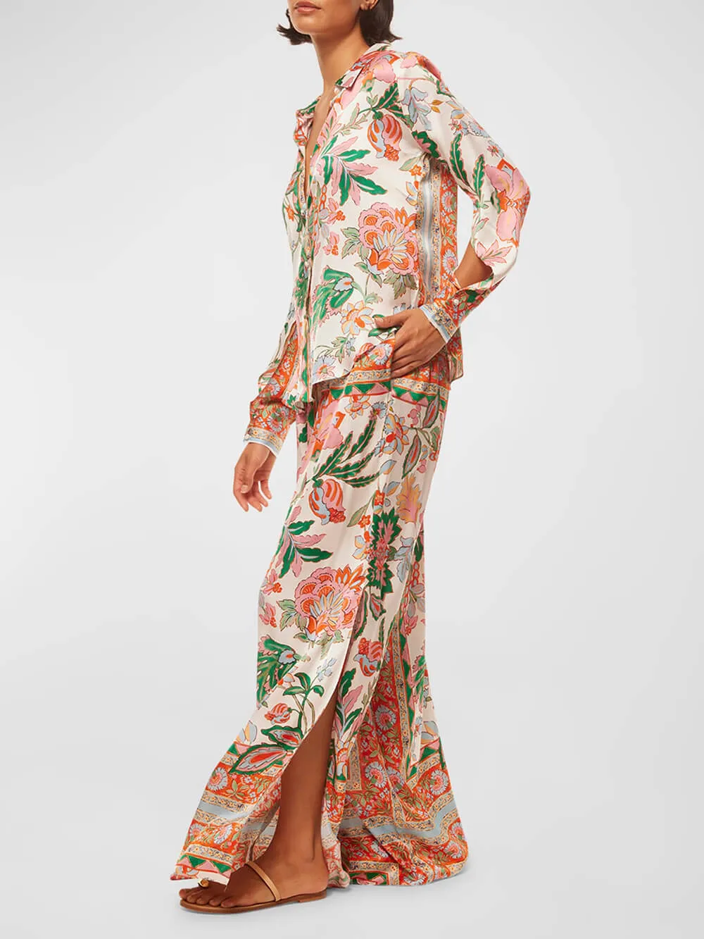 Unique Flower Print Slit Cuffs Wide Leg Pants