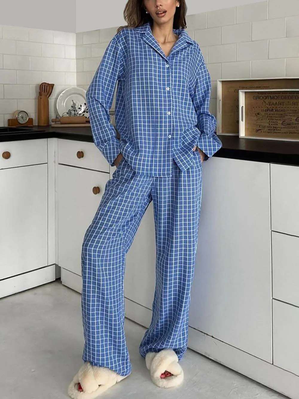 Loose-Fitting Plaid Print Long-Sleeved Home Wear Set