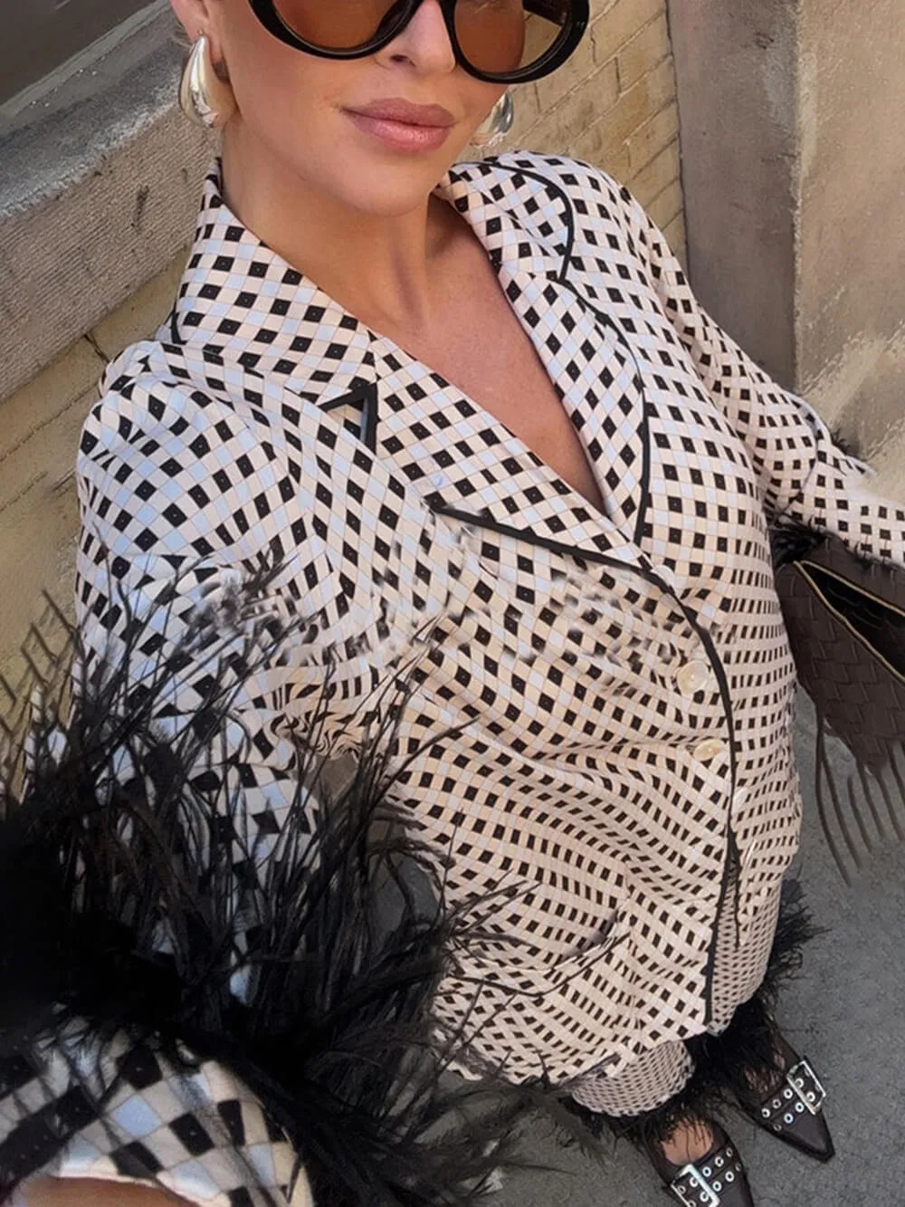 Unique Geometric Printed Feather Trim Blazer