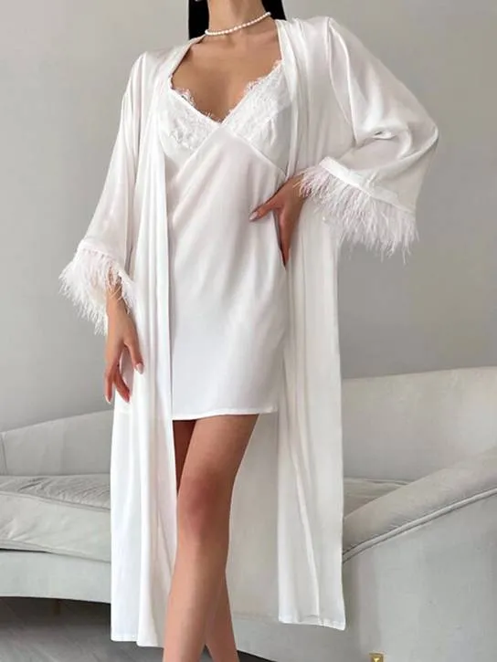 Feather Stitching Robe Slip Dress Pajamas Two-Piece suit