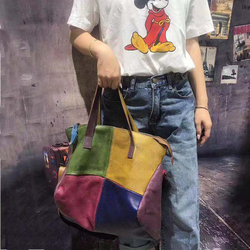 Leather Women's Bag Vintage Cowhide Color Tote Crossbody Bag