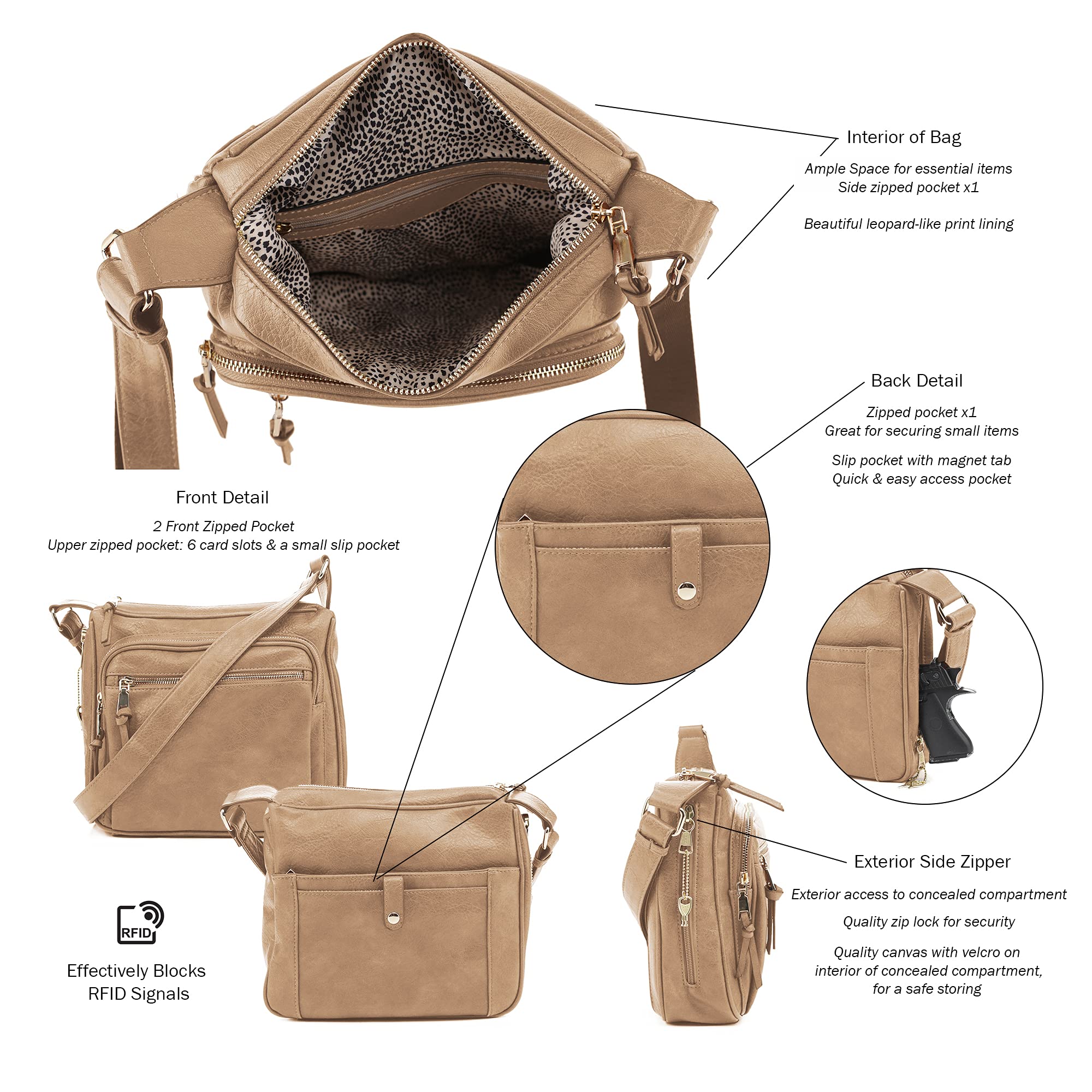Concealed Crossbody RFID Blocking Lock Firearm Removable Holster-Taupe