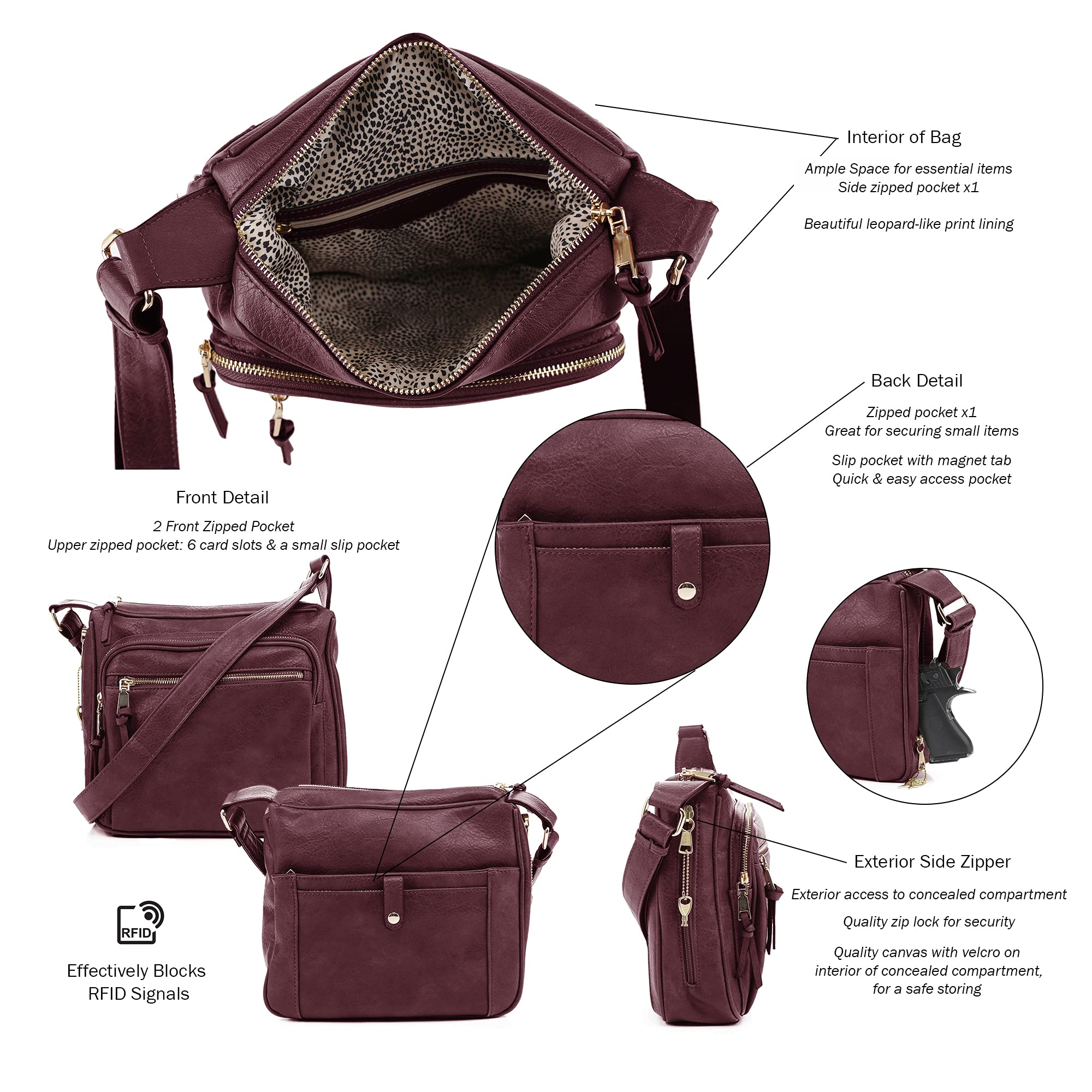 Concealed Crossbody RFID Blocking Lock Firearm Removable Holster-Wine