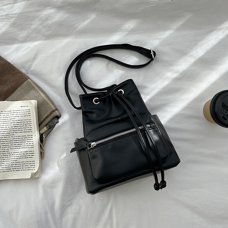 Solid Color Crossbody Soft Leather Bucket Bag