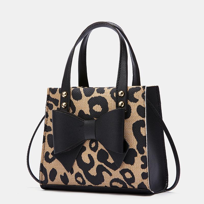 Women's Bag Bow Stitching Contrast Portable Simple Leopard Print Single Shoulder Diagonal Small Square Bag