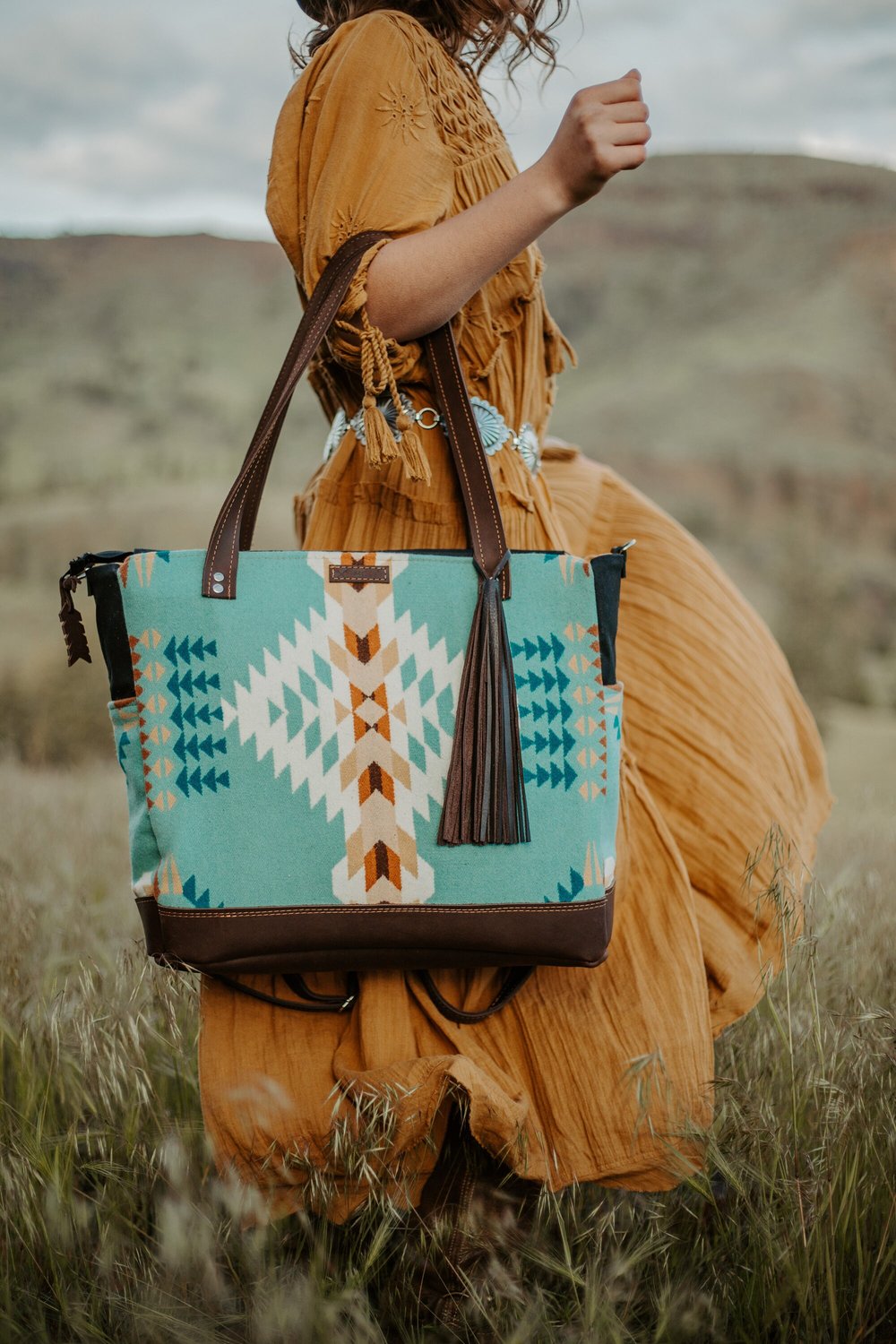 UNISEX DIAPER BAG TOTE IN LEATHER AND NATIVE WOOL, SOUTHWESTERN CARRY ON TOTE,