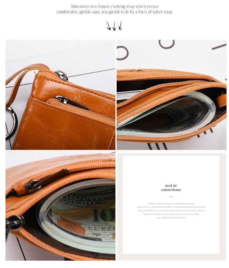 Retro zipper short cowhide small change card holder