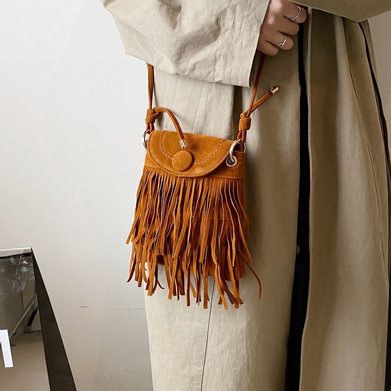 Retro Crossbody Fringe Solid Color Small Square Bag