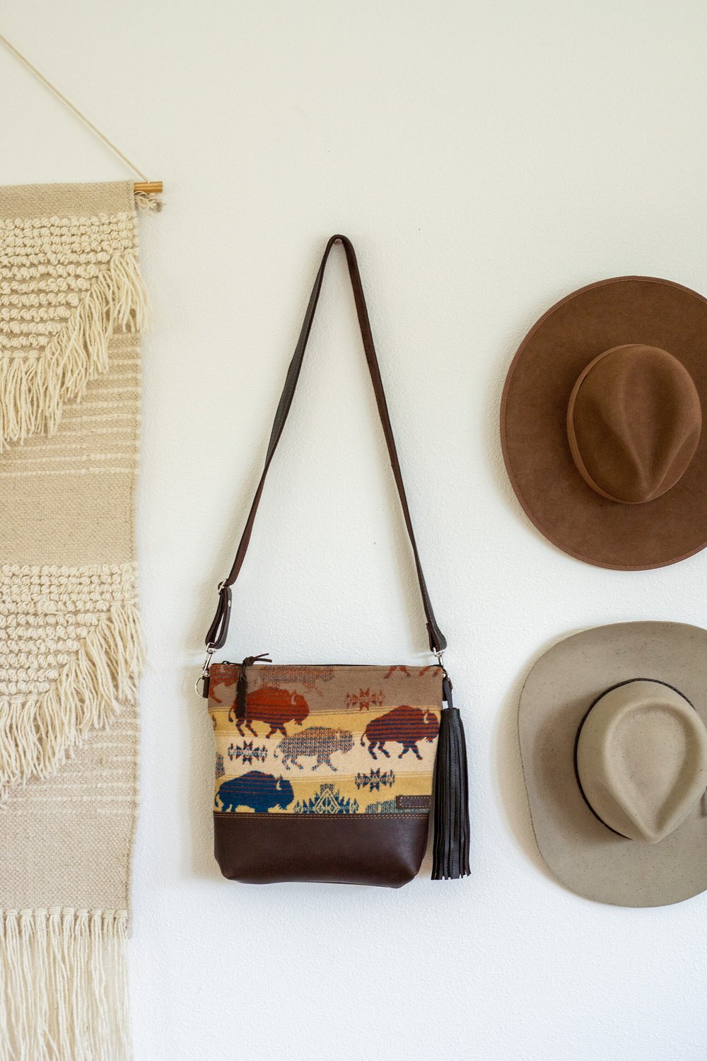 LAND OF BUFFALO WOOL LEATHER BOTTOM CROSS BODY PURSE WITH BROWN WAXED LEATHER