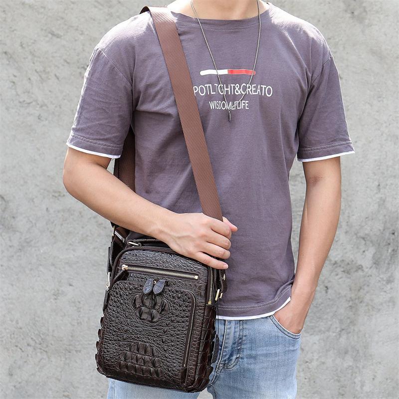 Men's Crocodile Pattern Shoulder Bag Leather Adjustable Shoulder Strap Business Crossbody Bag
