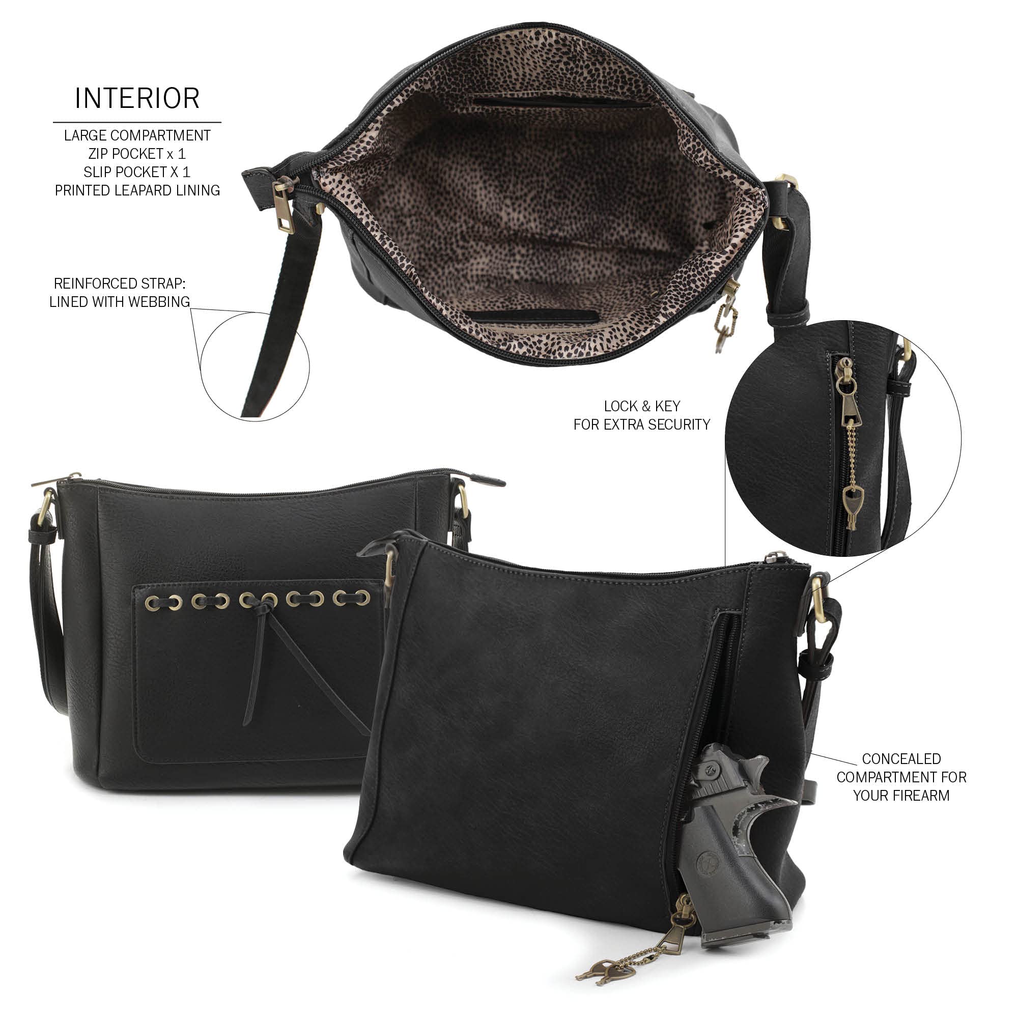 Esther Concealed Carry Crossbody Bag Gunbag Shoulder Purses For Women with Lock and Key-Black