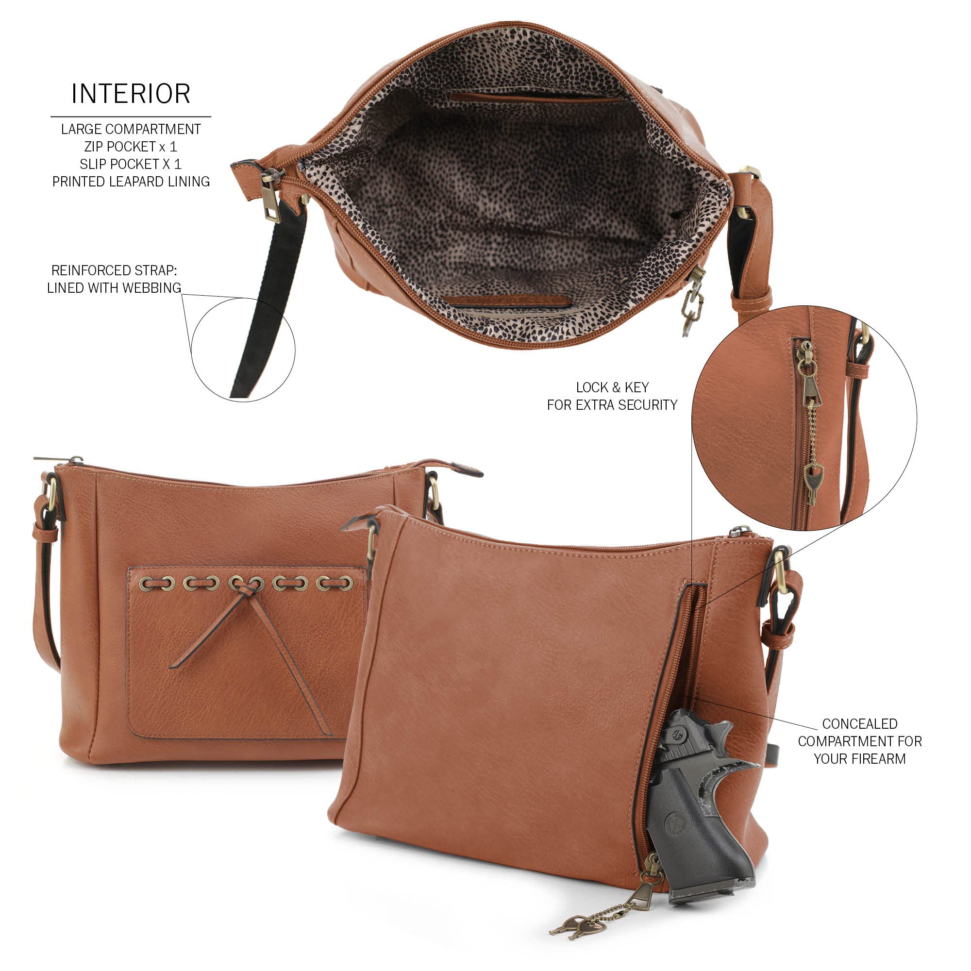 Esther Concealed Carry Crossbody Bag Gunbag Shoulder Purses For Women with Lock and Key-Tan