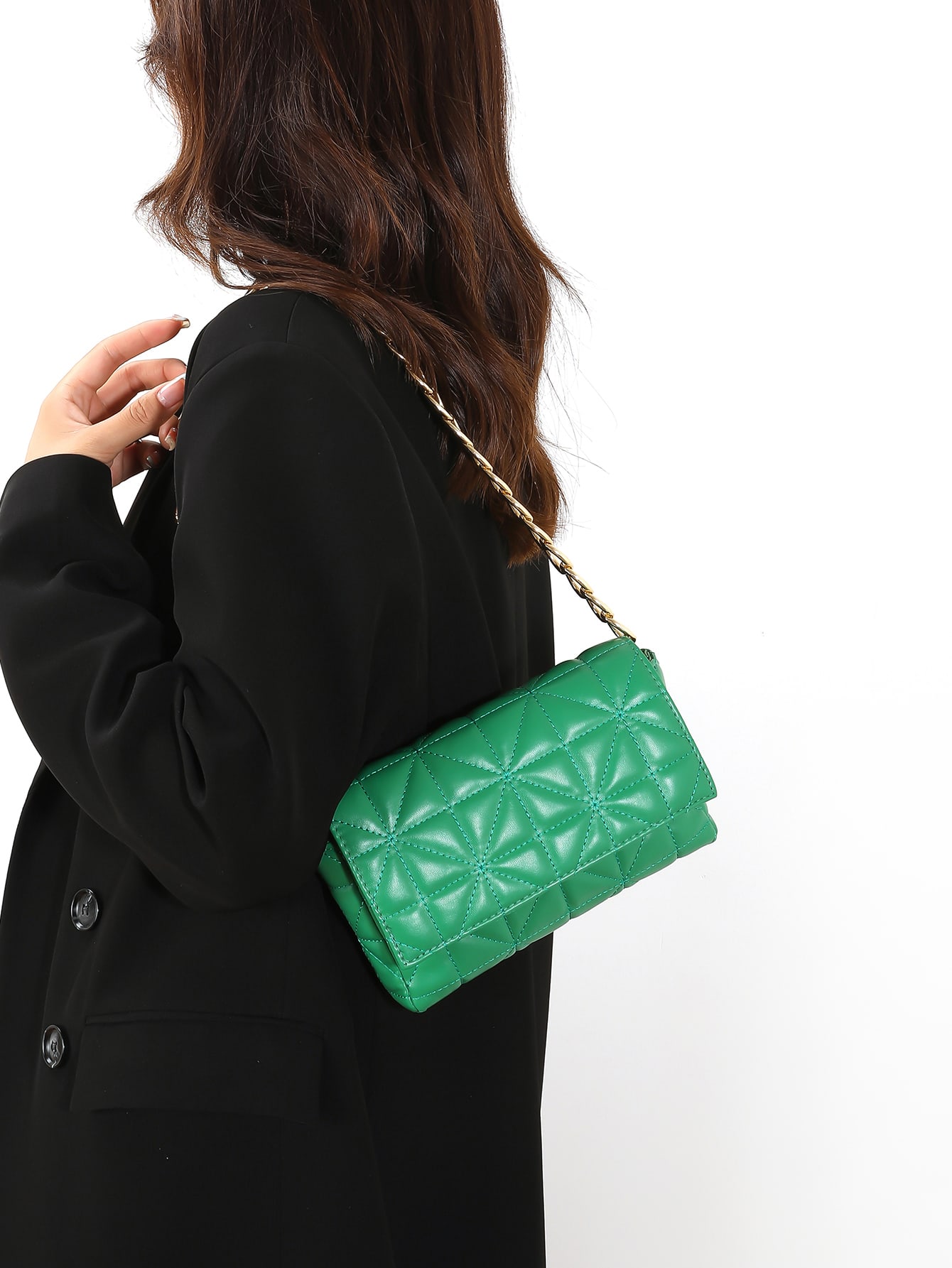 Minimalist quilted chain-embellished square bag