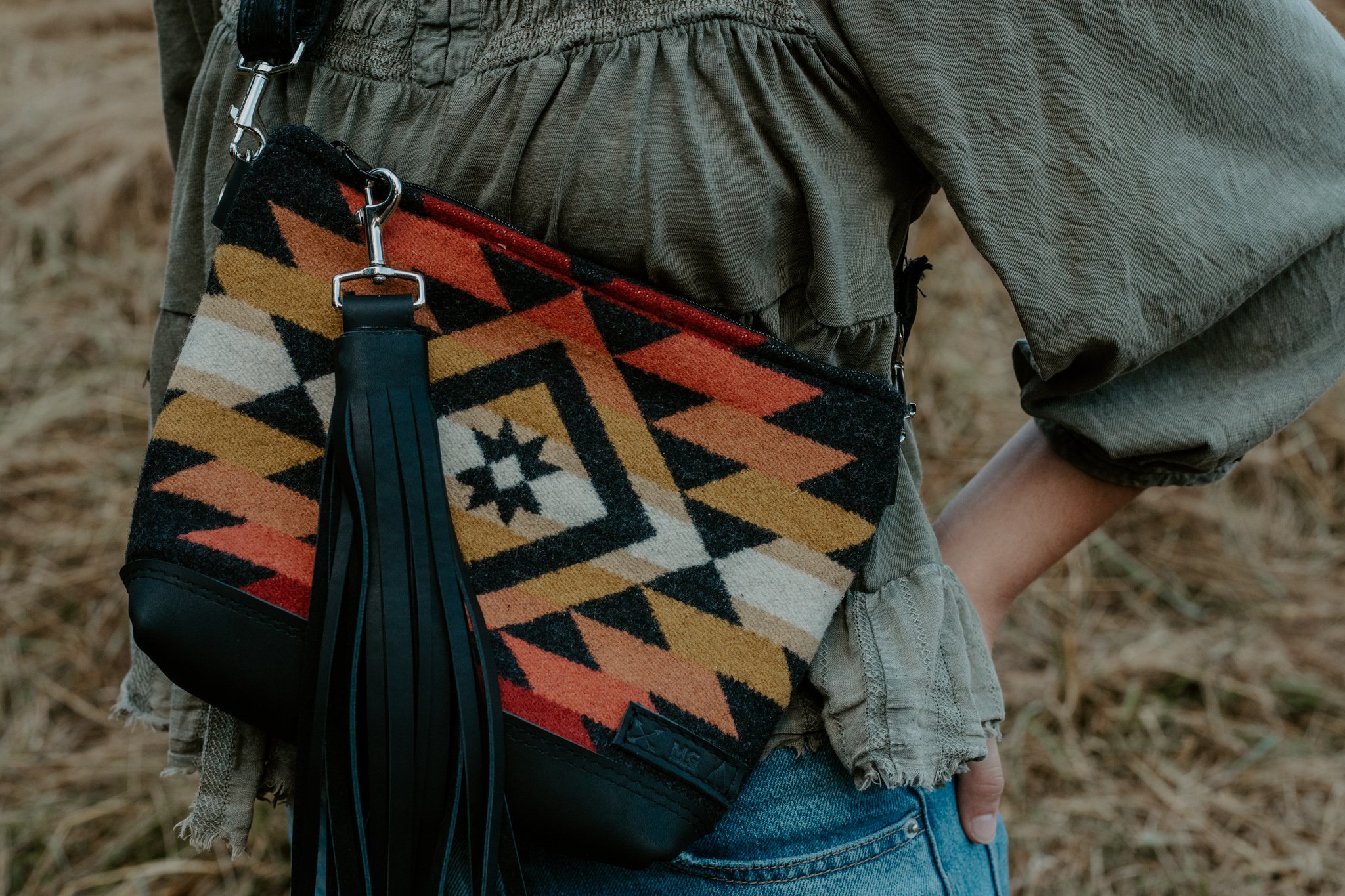 HIP BAG  SLING BAG IN PUEBLO DWELLING + BLACK WAXED LEATHER