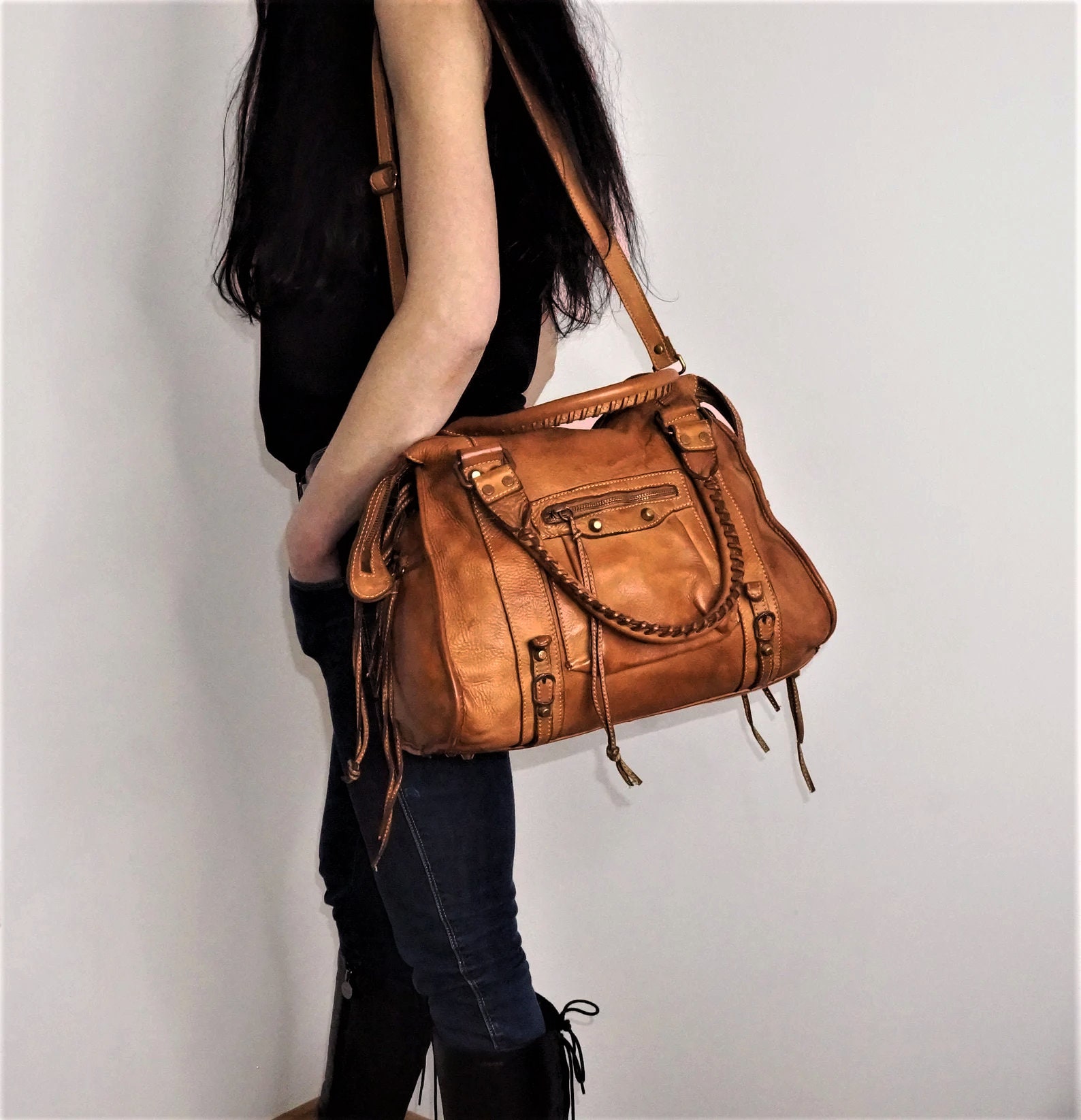 Cognac Italian Leather Bag  Italy Soft Leather Crossbdody Bag