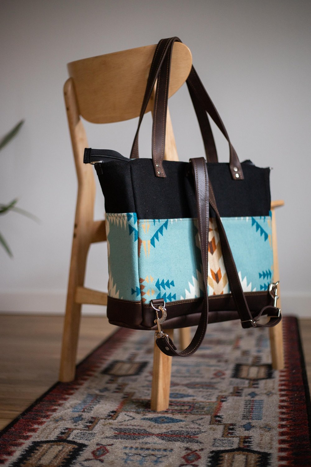 UNISEX DIAPER BAG TOTE IN LEATHER AND NATIVE WOOL, SOUTHWESTERN CARRY ON TOTE,