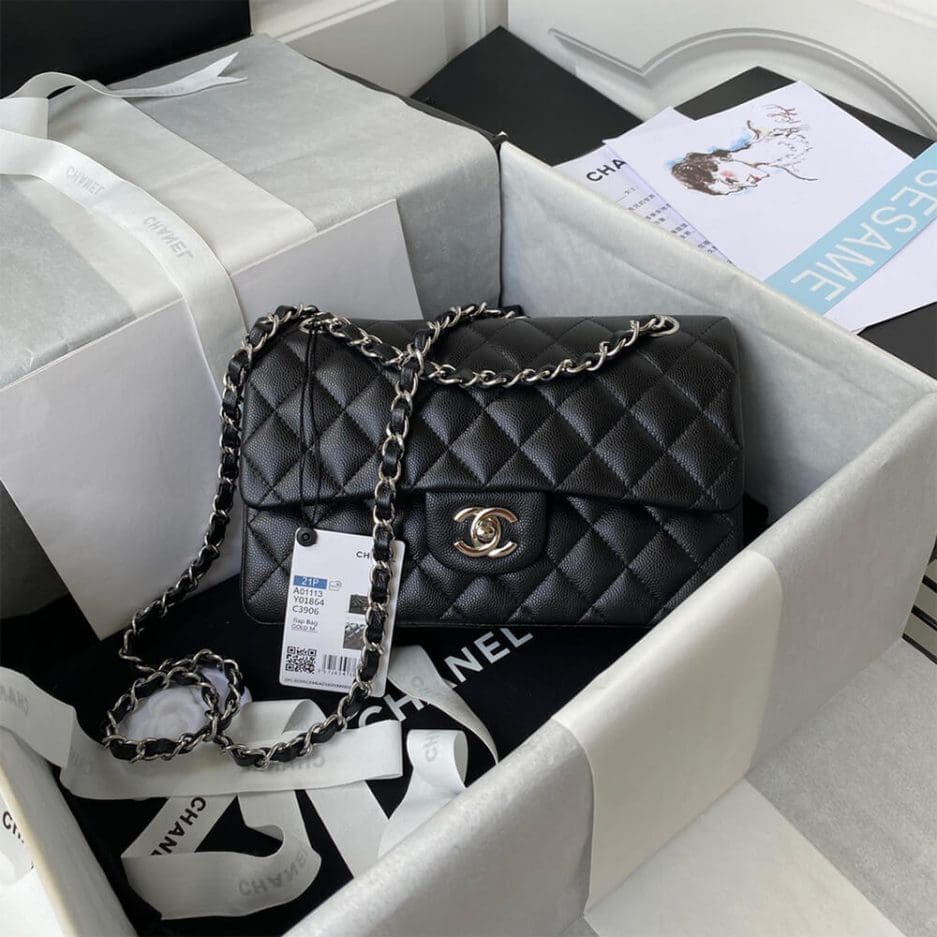 CHANEL SMALL CLASSIC HANDBAG Grained Calfskin & Silver Metal - SILKROAD