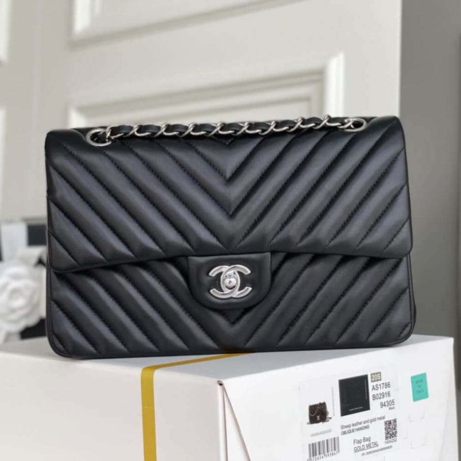 Chanel Classic Chevron Tweed Medium Flap Silver - SILKROAD