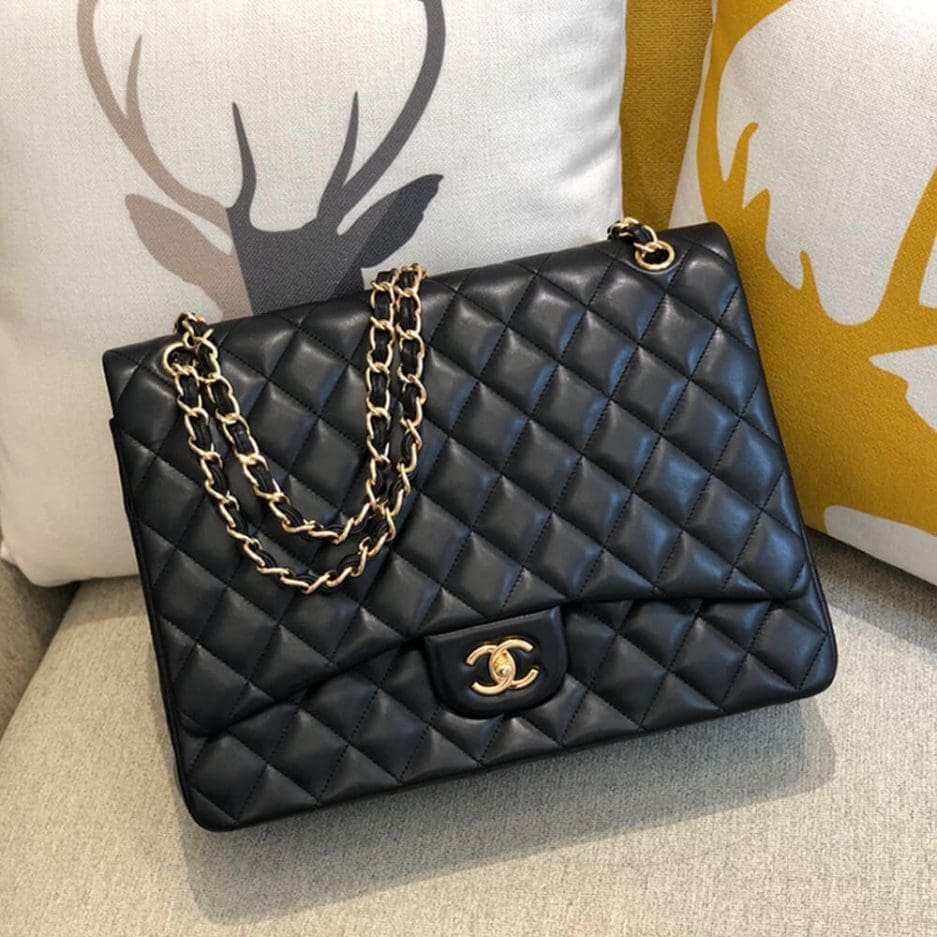 CHANEL Classic Maxi Handbag LAMBSKIN & GOLD METAL - SILKROAD