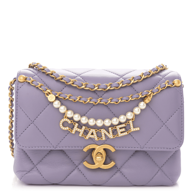 Chanel Shiny Lambskin Quilted Mini Pearl Logo Flap Light Purple - SILKROAD