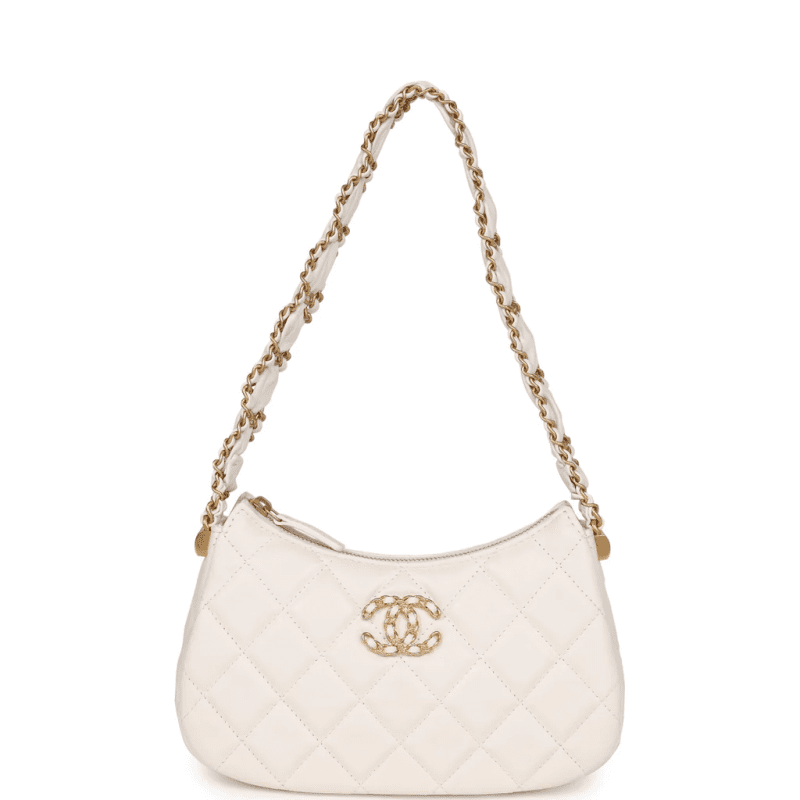 Chanel AS4422 23K Hobo Bag Lambskin Gold Metal White - SILKROAD