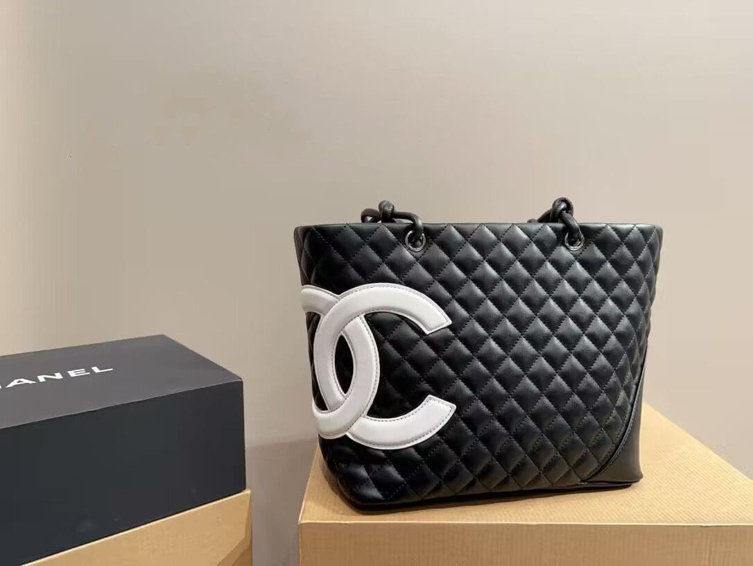 CHANEL Calfskin Quilted Large Cambon Tote Black White - SILKROAD