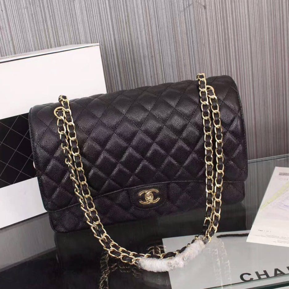 CHANEL Classic Maxi Handbag GRAINED CALFSKIN & GOLD METAL - SILKROAD