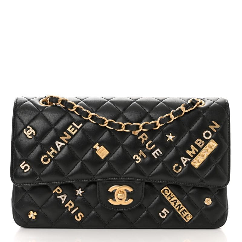 Chanel Lambskin Quilted Medium Rue Cambon Charms Double Flap Black - SILKROAD