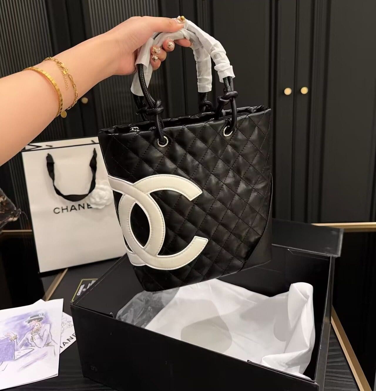 Chanel Black Quilted Lambskin Leather Medium Cambon Tote - SILKROAD