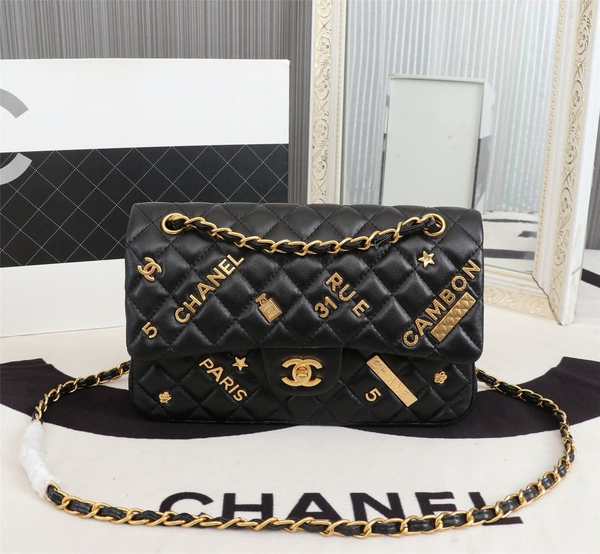 Chanel Lambskin Quilted Medium Rue Cambon Charms Double Flap Black - SILKROAD