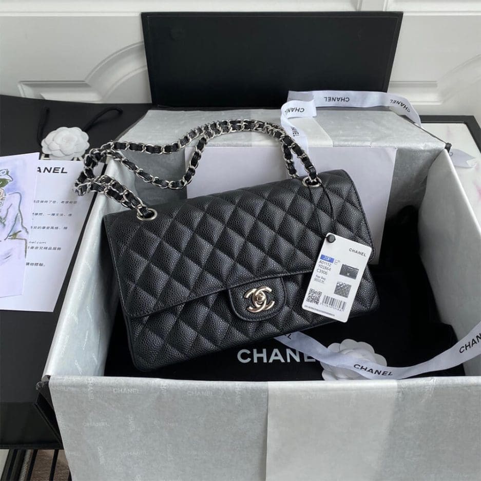 CHANEL CLASSIC HANDBAG Grained Calfskin & Silver Metal - SILKROAD
