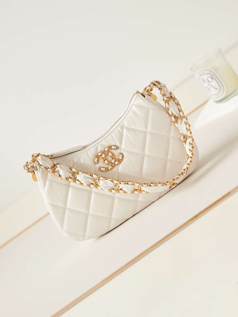 Chanel AS4422 23K Hobo Bag Lambskin Gold Metal White - SILKROAD