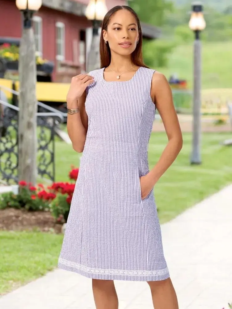 Sleeveless Seersucker Border Dress