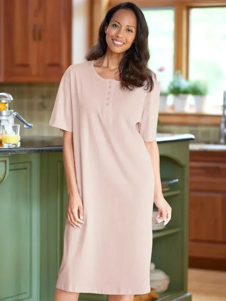 Comfort Knit Solid Color Cotton Short-Sleeve Long Nightgown