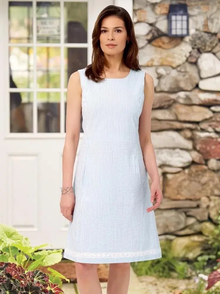 Sleeveless Seersucker Border Dress