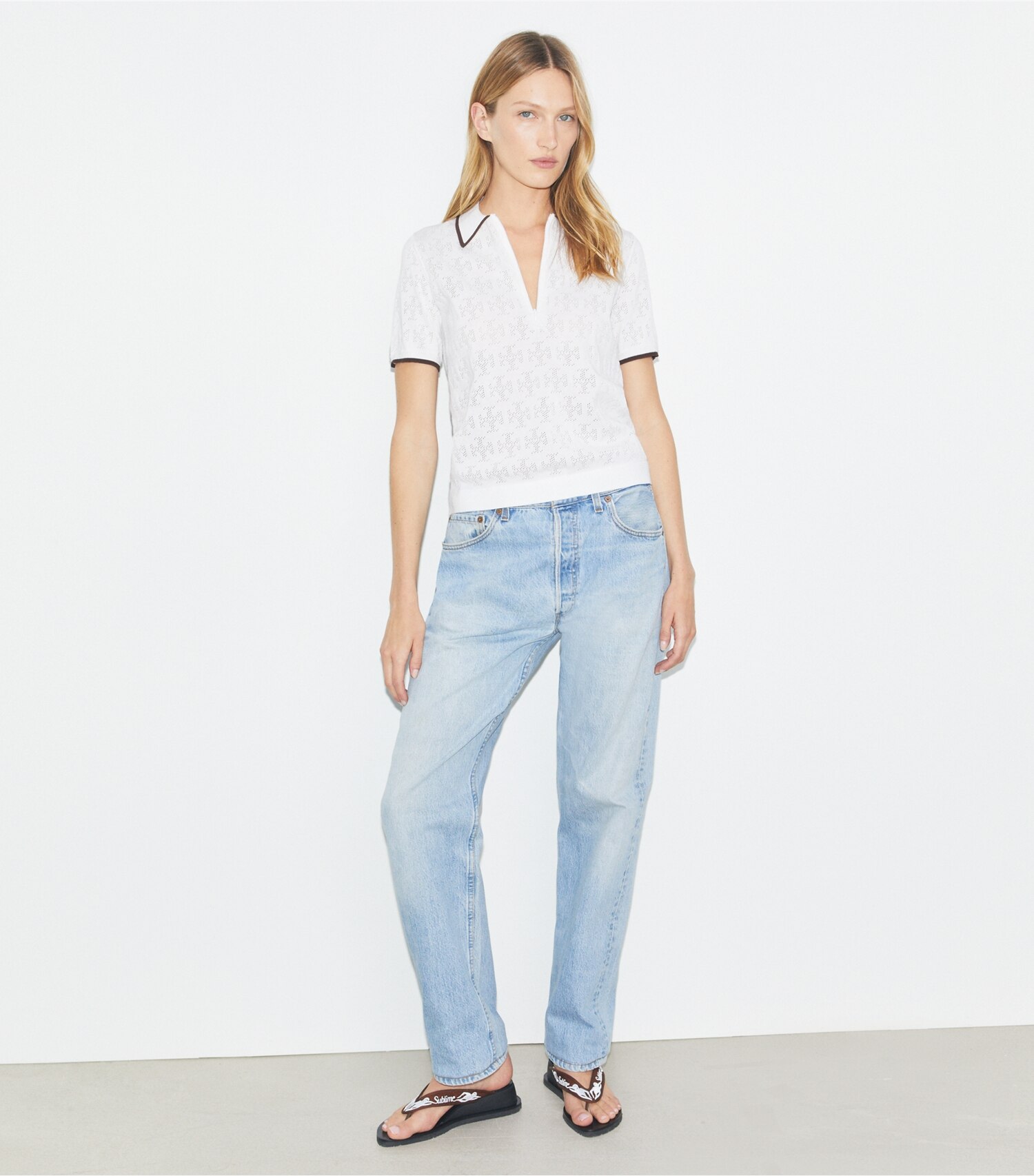 T Monogram Cotton Pointelle Zip Polo