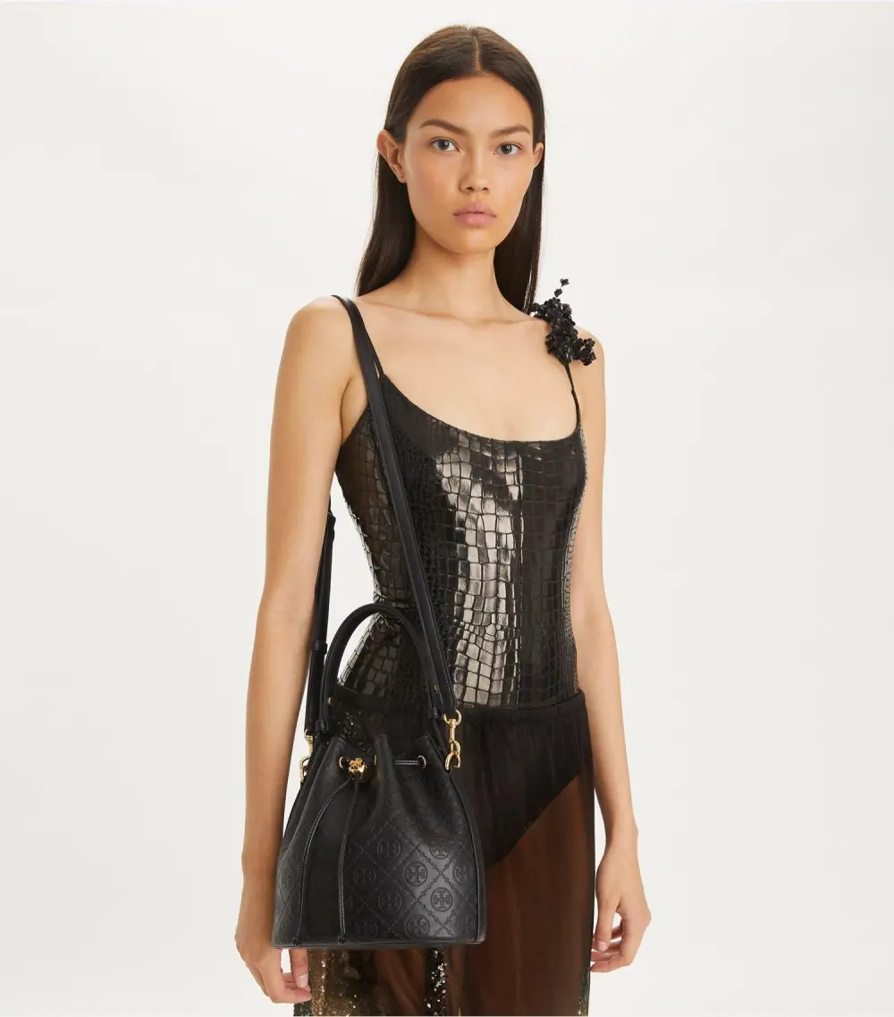 T Monogram Leather Bucket Bag