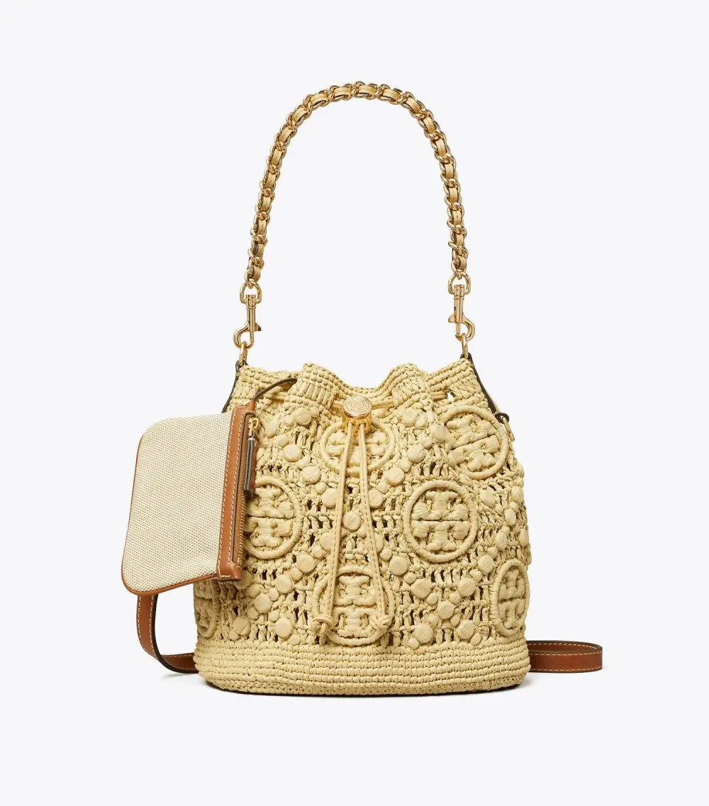 T Monogram Raffia Bucket Bag