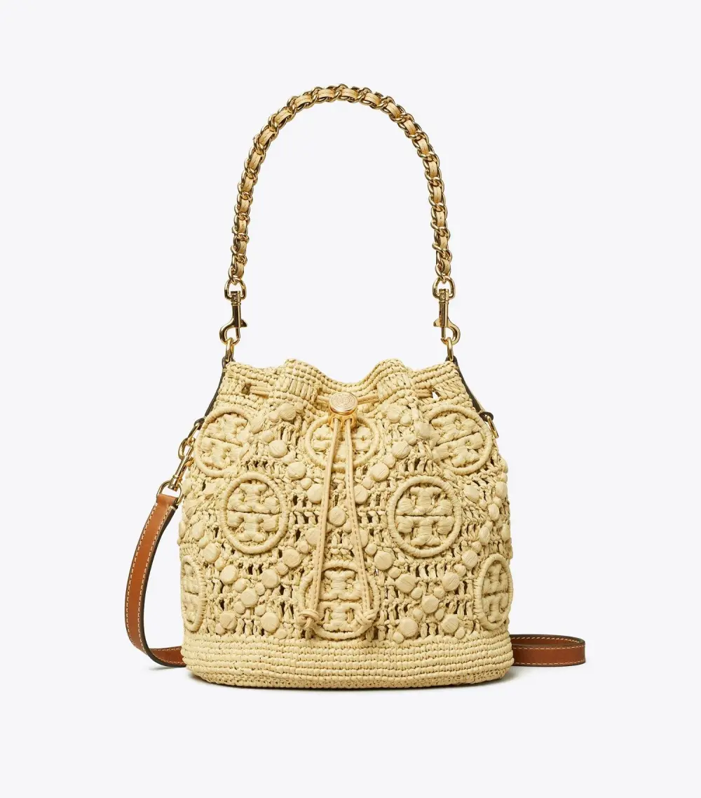 T Monogram Raffia Bucket Bag