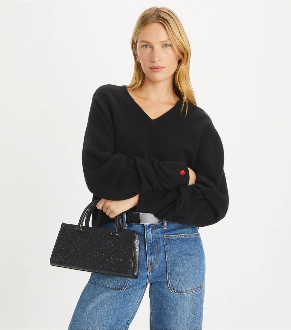 T Monogram Embossed Small East-West Tote