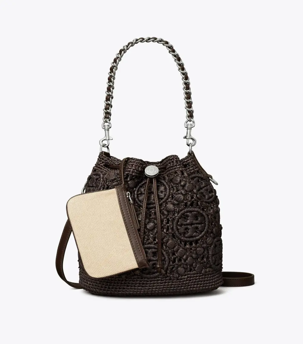 T Monogram Raffia Bucket Bag