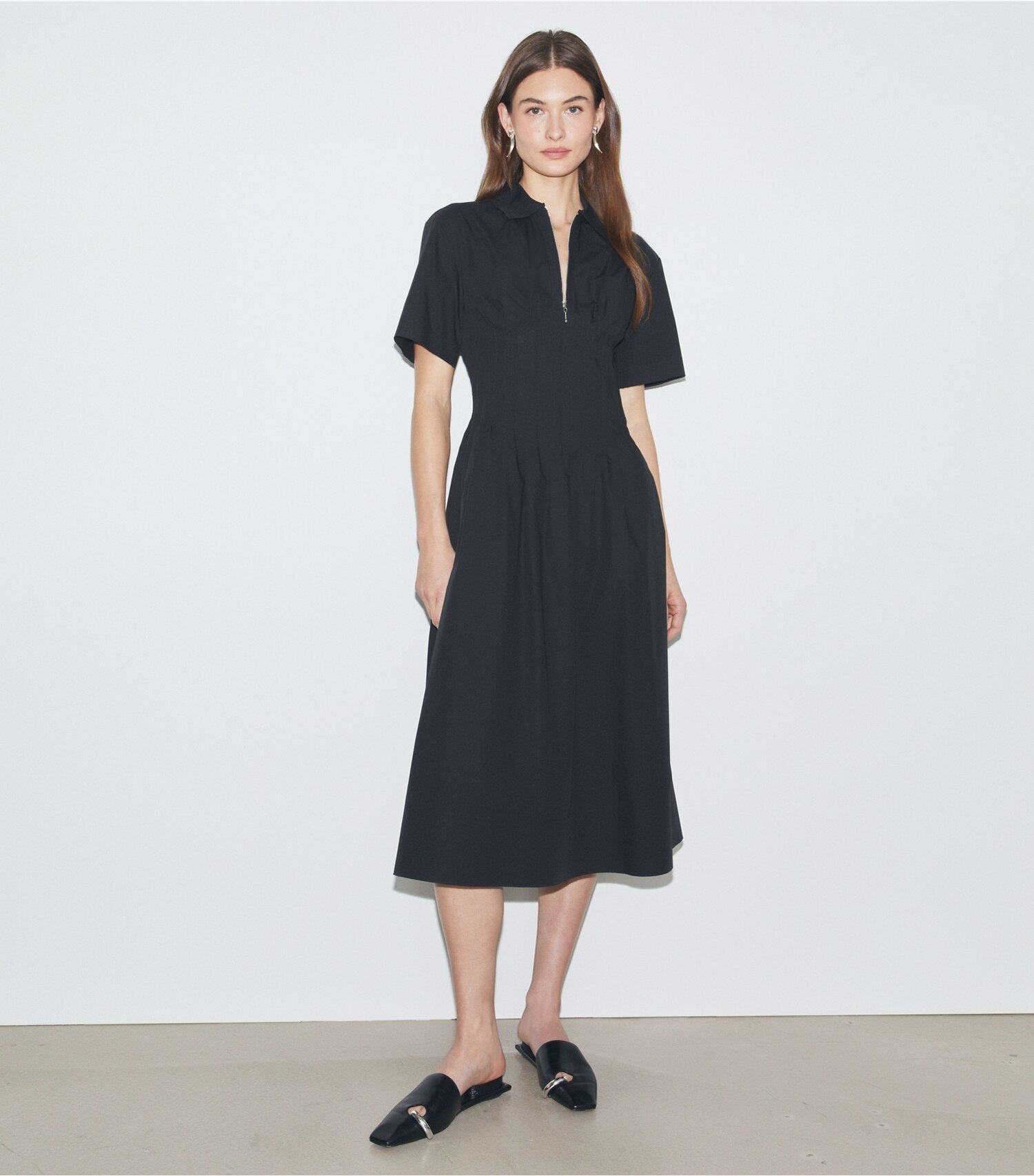 Poplin Pleat-Waist Dress