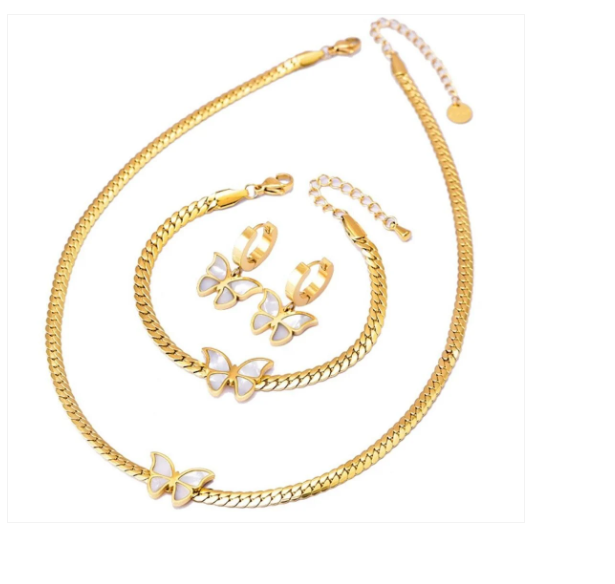 Blade Chain Waterproof and Sweat Resistant Female Bracelet Short Earrings Gold Set Necklace Shell butterfly Collarbone Chain