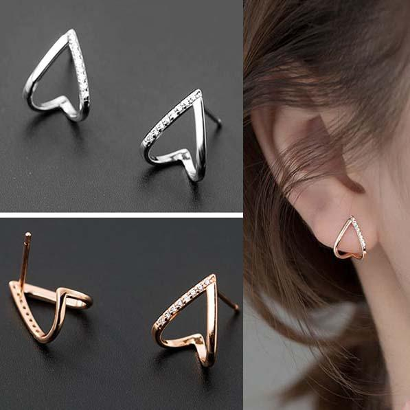 S925 Sterling Silver Stylish CZ Rhinestone Crystal V shape stud earrings  -C